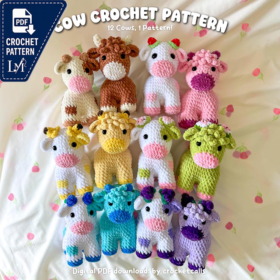 Standing Cow Crochet Pattern PDF - 12 in 1 Fruit + Highland Cows - Amigurumi Crochet Pattern, Instant Downlaod